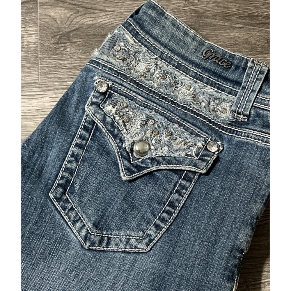 Grace in LA Rhinestone Lace Flap Pocket Low Rise Boot Stretch Jean SZ 11 (30x33)